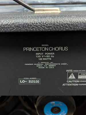 Used Fender Princeton Chorus close up of the label