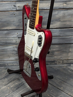 Used Fender 1998 MIJ Jaguar treble side view of the body